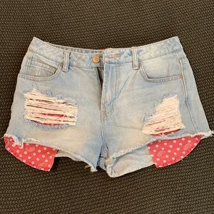 Distressed Jean Shorts with Western Print Pockets